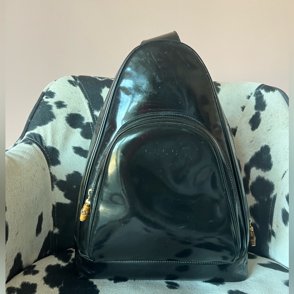 ❣️❣️HOST PICK❣️❣️Auth GUCCI 003-2113 Bamboo Blk Patent Single Shldr Backpack - Picture 2 of 16